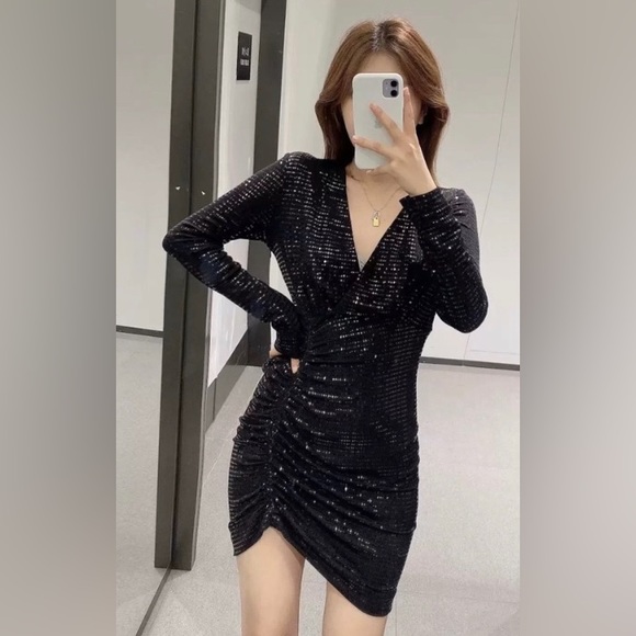 NWT Zara Black Sparkly Ruched Festive Party Dress - Picture 12 of 17